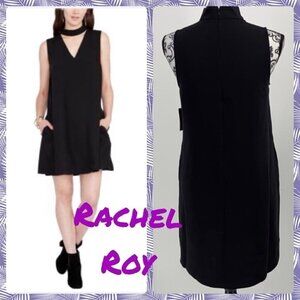 Rachel Roy black choker shift v-neck sleeveless dress. Gothic, punk, pockets